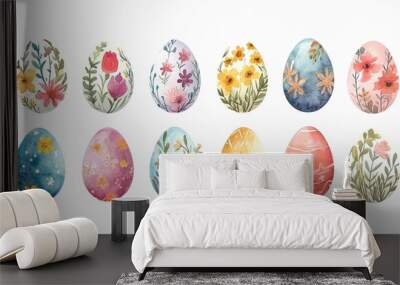 Hand drawn watercolor decorated Easter eggs with blossoming flowers and plants. Springtime floral colored eggs in pastel colors isolated on white background. Raster. Wall mural