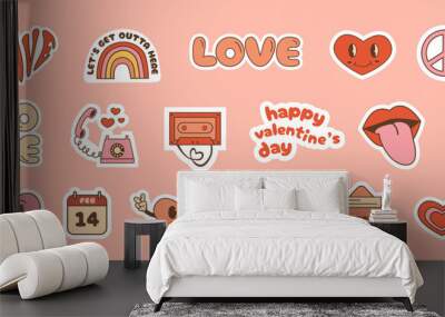 Happy Valentines day sticker set in trendy retro 60s 70s style. Funky groovy hippie graphics. Collection of funny love icons. Vintage y2k dating and romance cliparts. Vector flat illustration isolated Wall mural