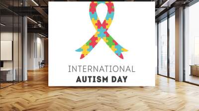 International Autism Awareness Day Banner. Ribbon with colorful puzzle pieces pattern. Jigsaw mosaic as symbol of Autistic people. Social Difficulty. Mental disorder. Vector banner or poster on white. Wall mural