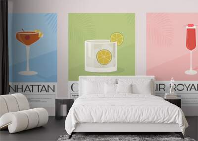 Manhattan, Caipirinha and Kir Royale Classic Cocktail recipe with ingredients. Summer aperitif wall art. Garnish alcohol beverage graphic print. Minimalist vertical poster. Vector flat illustration. Wall mural