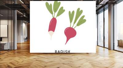 Organic root vegetable with leaves isolated on white. Long pink tuber of fresh radish with tops. Natural edible farm plant with vitamin for healthy nutrition. Colored vector illustration in flat style Wall mural