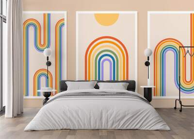 Set of abstract posters with rainbow and sun or moon. Contemporary minimalist background in modern boho style. Mid century wall decor, art print with LGBT symbol. Pride patterns. Vector illustration. Wall mural