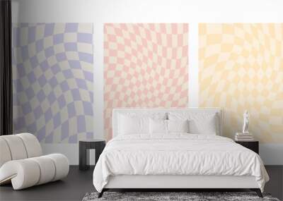 Set of checkerboard backgrounds in pale pastel colors. Groovy hippie chessboard pattern. Retro 60s 70s psychedelic design. Gingham vector wallpaper collection for print templates or textile. Wall mural