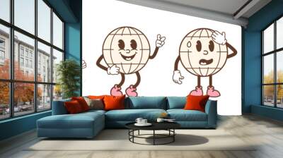 Set of earth characters in trendy retro cartoon style. Funny comic globe with different face expression. Vintage planet mascot with arms and legs. Vector illustration isolated on white background. Wall mural