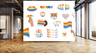 Vector set of LGBTQ community symbols with pride flags, gender signs, retro rainbow colored elements. Pride month stickers. Gay parade groovy celebration. LGBT flat style icons and slogan collection. Wall mural