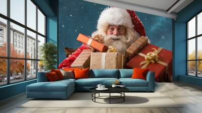 Photo of happy Santa Claus outdoors in snowfall carrying gifts t Wall mural