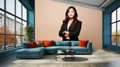 Smiling asian woman in suit posing in front of camera with cross hands. Generative AI Wall mural