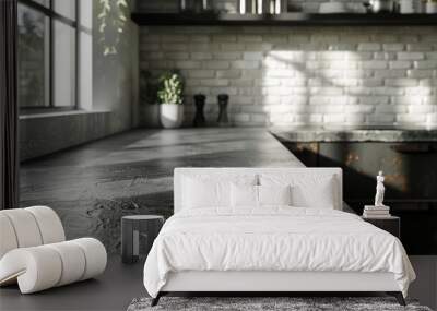 A close-up of the interior of a contemporary kitchen featuring white brick walls and dark gray counters Wall mural