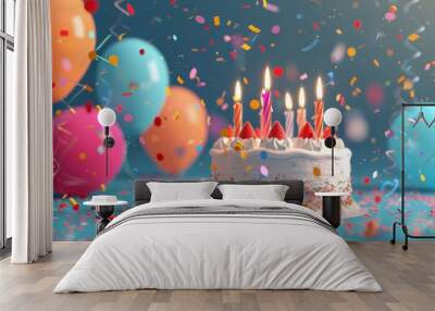 Happy birthday cake with candles, balloons and confetti background. Generative AI  Wall mural