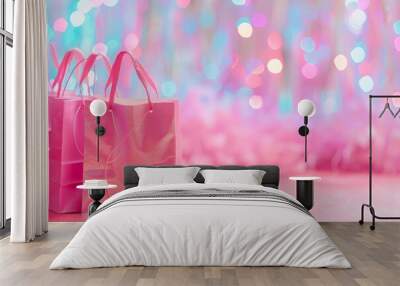 pink shopping bags on colored bright festive background banner  Wall mural