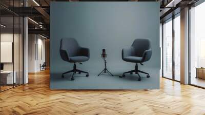 two chairs and microphones in podcast or interview room isolated on solid gray background as a wide banner for media conversations or podcast streamers concepts Wall mural