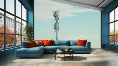 Mobile phone communication antenna tower with the blue sky and clouds, Telecommunication tower Wall mural