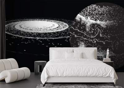 Galaxy and planet in space. Futuristic landscape, with noise texture . Night landscape with starry sky .Vector illustration Wall mural