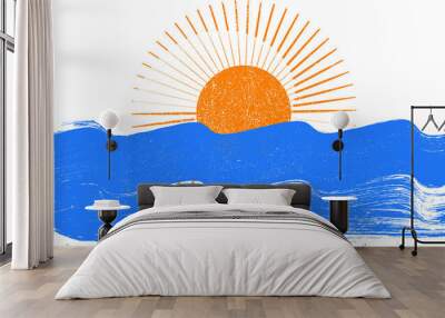 Ocean, sun and Blue Abstract Waves . Sunset Logo Element. Surfing Icon . Brush Stroke . Vector Illustration.  Wall mural