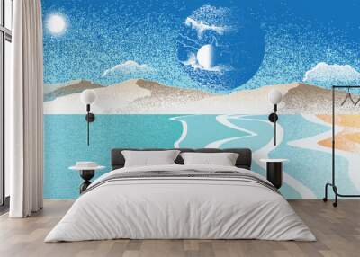 Star and moon in space. Futuristic landscape, with noise texture . fantasy landscape .Vector illustration Wall mural