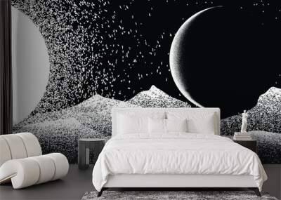 Star and planet in space. Futuristic landscape, with noise texture . Night landscape with starry sky .Vector illustration Wall mural