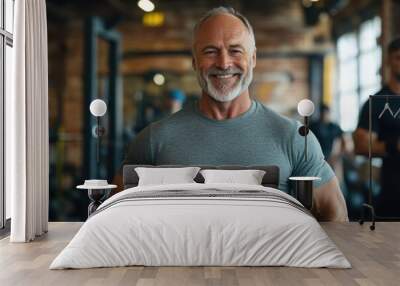 A confident older man with a gray beard smiling in a gym environment, displaying his muscles and exuding health and strength amidst workout equipment. Wall mural