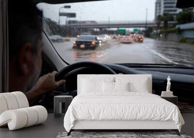 A driver navigates through rain-soaked and partially flooded roads while heavy traffic and blurred lights affect visibility, capturing a moment of caution and focus. Wall mural