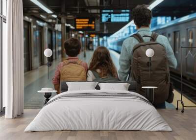 A family with backpacks waits on a metropolitan subway platform. The father stands with his two children, facing away from the camera toward an arriving train. Wall mural