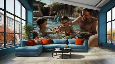 A father and his children revel in swimming pool fun, reflecting the joys of family bonding, summer leisure, and the pure happiness shared in a sunlit backyard pool setting. Wall mural