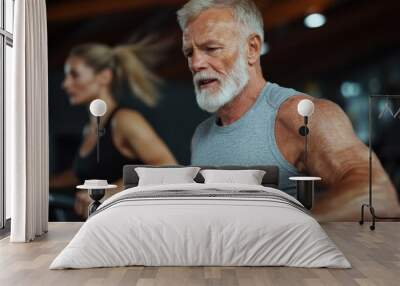 A fit older man and another person workout diligently on treadmills at a gym, emphasizing fitness, health, and determination in maintaining an active lifestyle regardless of age. Wall mural