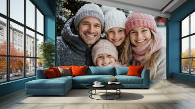 A happy family of four, bundled up in warm winter clothing, poses together in front of a Christmas tree adorned with sparkling lights, surrounded by falling snow. Wall mural