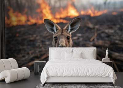 A kangaroo stands in the foreground with a forest wildfire blazing behind, illustrating the impact of wildfires on wildlife habitat and the importance of environmental conservation. Wall mural