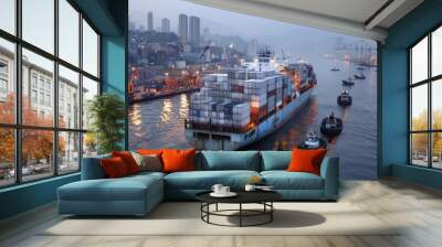 A large cargo ship is loaded with multiple containers in a bustling harbor, surrounded by smaller tugboats, symbolizing global trade, shipping industry, and commerce. Wall mural