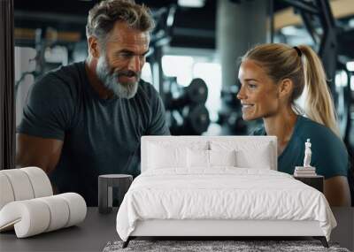 A man and a woman engage in a fitness workout at the gym, highlighting strength training and teamwork in a motivating and energetic setting. Wall mural