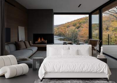 A minimalist living room with a cozy fireplace, large windows showcasing a picturesque river view surrounded by autumn foliage, featuring simple yet elegant furnishings. Wall mural