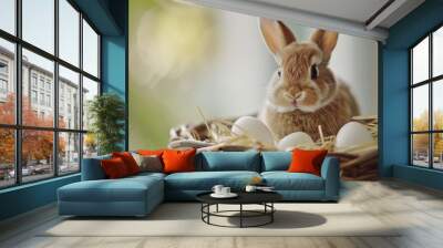 A real bunny with long ears peering out of a basket full of Easter eggs, encapsulating Easter joy and cuteness Wall mural