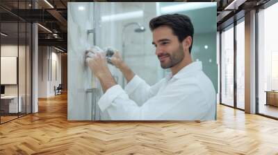 A smiling man applies plaster to bathroom tiles, showcasing meticulous work and professionalism in a polished, clean environment with modern fixtures. Wall mural