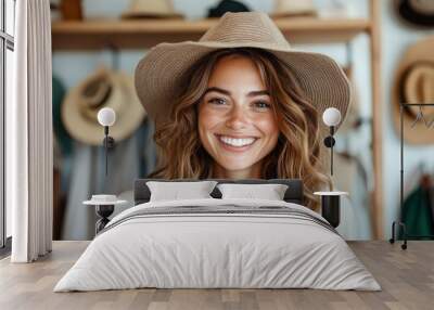 A smiling woman with wavy hair wearing a hat, standing against a background filled with hats, capturing an atmosphere of casual elegance and natural beauty. Wall mural