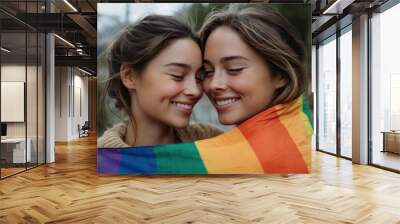 A young couple sharing a tender embrace beneath a rainbow flag, symbolizing their deep affection and unity, set against a serene natural backdrop. Wall mural