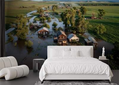 An aerial shot captures the devastating aftermath of heavy rainfall, flooding rural homes and farmland, showcasing the impact of severe weather on agriculture and communities. Wall mural