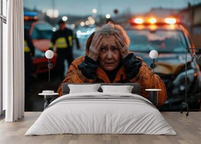 An older woman in an orange jacket stands in shock at a crash site, with emergency responders and damaged vehicles visible in the background at dusk. Wall mural