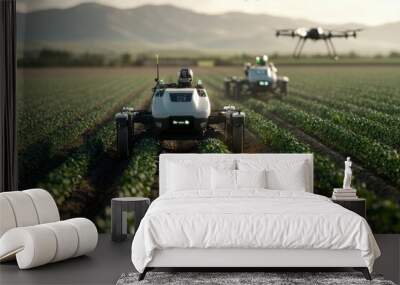 Automated machines are actively working among the lush green agricultural fields, demonstrating the seamless fusion of technology with nature for better yields. Wall mural