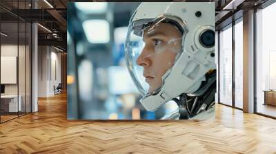 Close-up of a futuristic astronaut wearing an advanced helmet and space suit, highlighting technology and exploration in a sci-fi setting. Wall mural