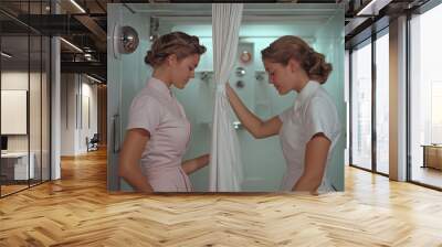 Standing in a white bathroom space, two women in uniforms engage in a conversation near a shower area, emphasizing the importance of teamwork and communication in their roles. Wall mural