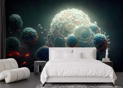 A new generation of dangerous corona flu floating pathogen respiratory influenza virus cell microscopic view. Illustration. Wall mural