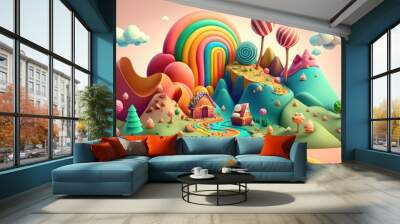 Candyland Dreams: 3D Cute Illustration of Rainbow-Colored Fantasy Landscape Made of Multicolored Candies. Generative AI Wall mural