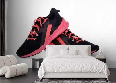 Pair of pink sport shoes on white background Wall mural