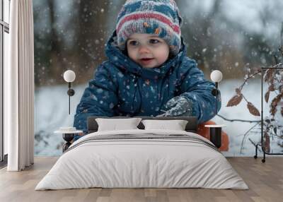 The image portrays a warmly-clad child playing with twigs while seated on snowy ground, surrounded by serene wintry nature, reflecting peaceful joy amidst falling snowflakes. Wall mural