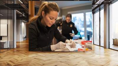 The image shows two women in uniforms focused on their work in what appears to be a kitchen setting, embodying professionalism, teamwork, and concentration. Wall mural