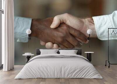 This image depicts a close-up of a handshake between a person with dark skin and a person with light skin, symbolizing intercultural teamwork and unity in a professional setting. Wall mural