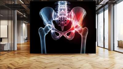 This image shows a highlighted area on a hip bone, indicating inflammation or pain. It is an illustration used to depict hip joint issues such as arthritis or fractures. Wall mural