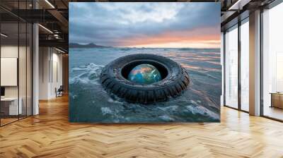 This image shows a tire floating in the sea during a stunning golden sunset with an Earth globe inside, symbolizing the connection between global issues and the natural environment. Wall mural