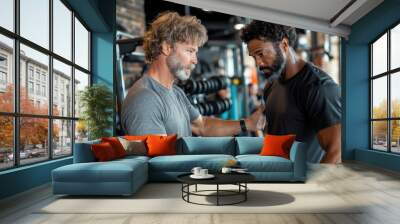 Two men are shown in a gym discussing workout plans, capturing the essence of guidance, commitment, and collaboration in achieving fitness goals. Wall mural