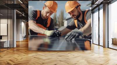 Two workers in orange safety gear carefully install solar panels, showcasing teamwork and precision under a bright sun, contributing towards renewable energy goals. Wall mural