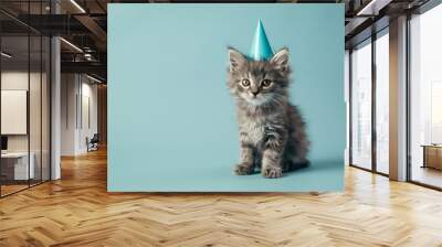 Cat celebrating with party hat. Creative animal poster.  Wall mural